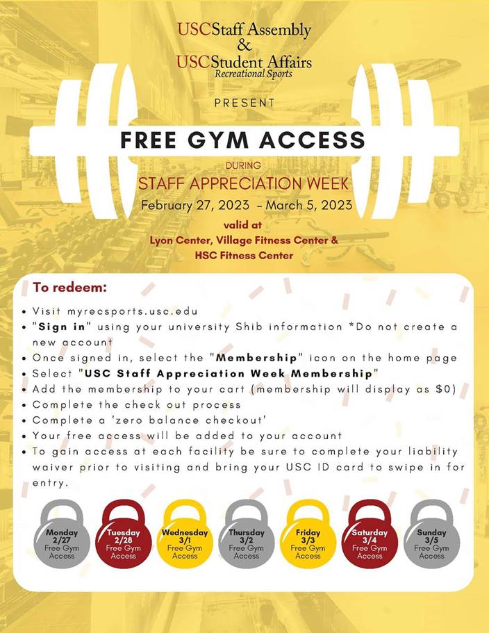 Employees get Free Gym Access during Staff Appreciation Week at the Lyon Center, Village Fitness Center, & HSC Fitness Center February 27-March 5, 2023
